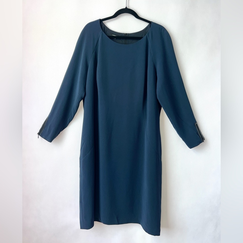 LAFAYETTE 148 New York Navy 100% Leather Trims Long Sleeve Crepe Shift Dress 18